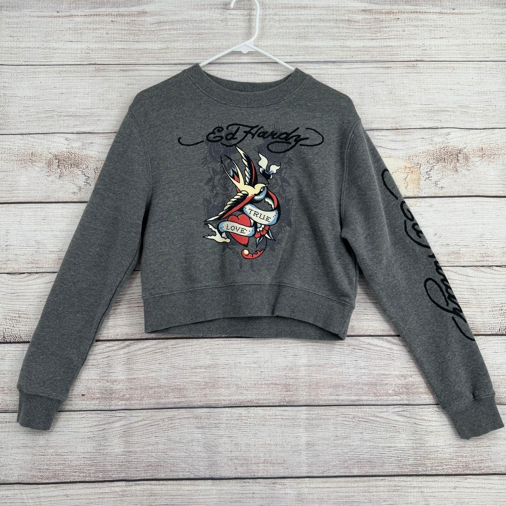 Ed Hardy Sweatshirt Women Small Gray True Love Tattoo Graphic Cropped EHWR1415-3